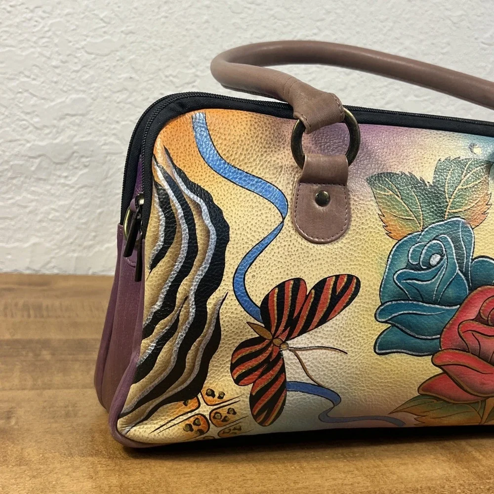 Anna by Anuschka Rose Safari Bag Satchel Purse Flowers Butterflies